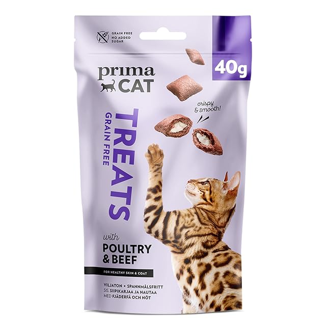 PrimaCat - Golosinas crujientes para Gatos sin Cereales para Piel y Piel, Sabor de Carne y Aves de Corral, 40…