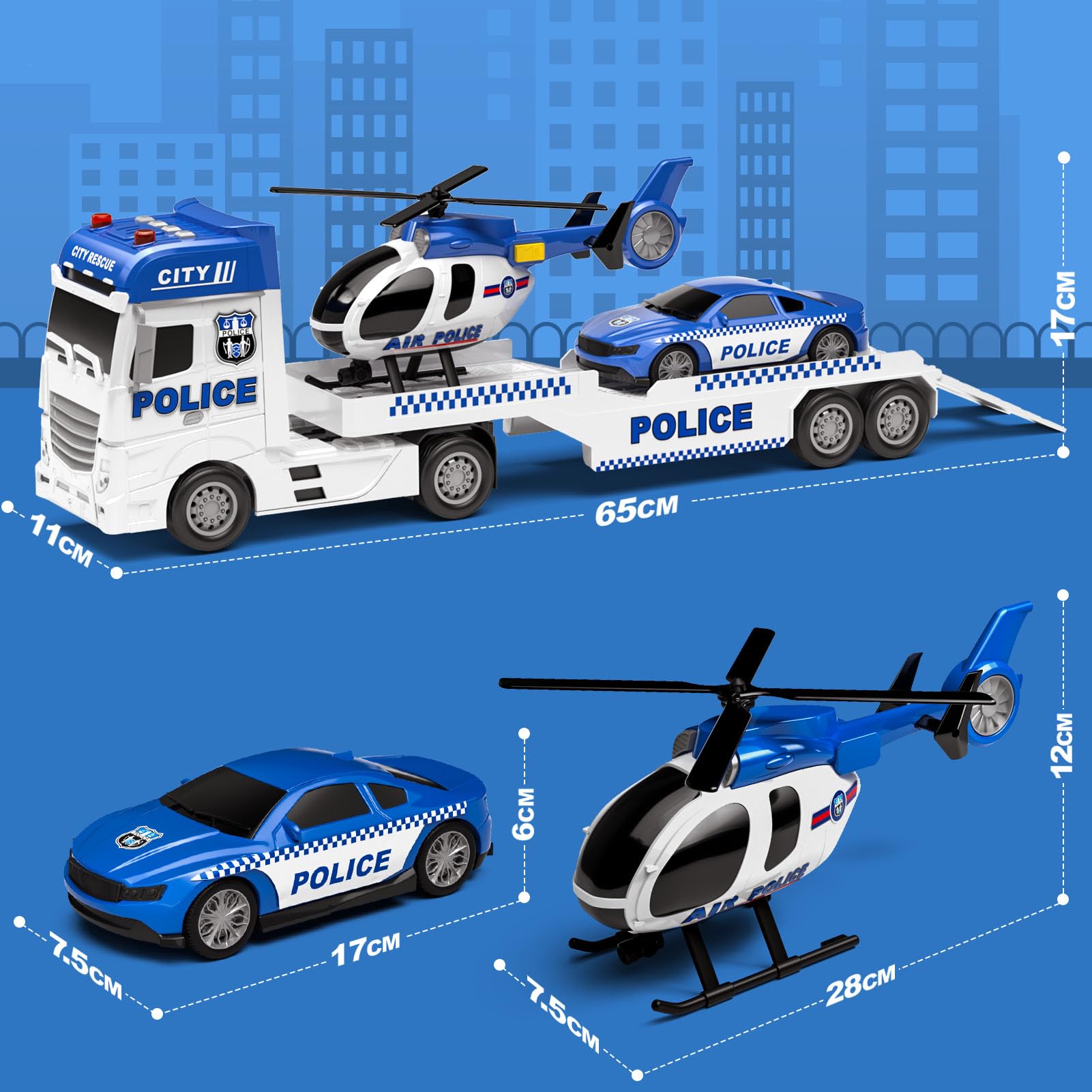 Tacobear 3 en 1 Camion Police Hélicoptère Voiture - Transporteur Jouet 2-6 ans