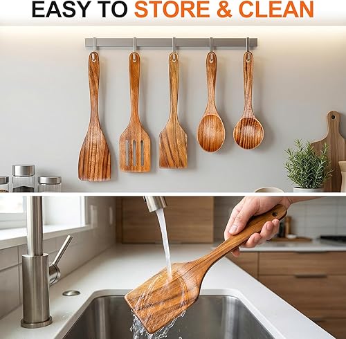 Vista 5 de 5 Pcs Best Wooden Spoons for Cooking Kitchen Utensils Set Acacia Wood Cooking Spatula Turner Non Toxic Utensil Slotted Serving Spoon Flat Spatulas