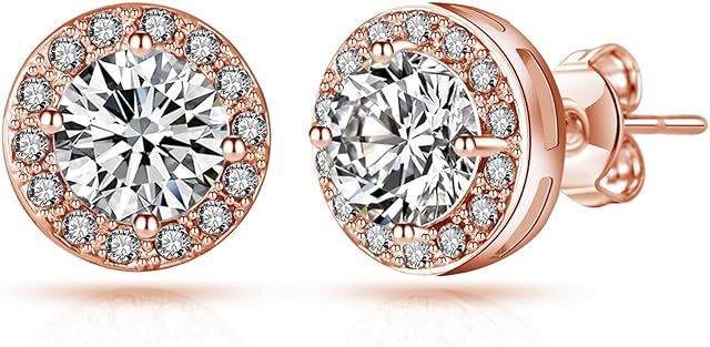 Rose Gold Plated Halo Earrings Created with Zircondia® Crystals