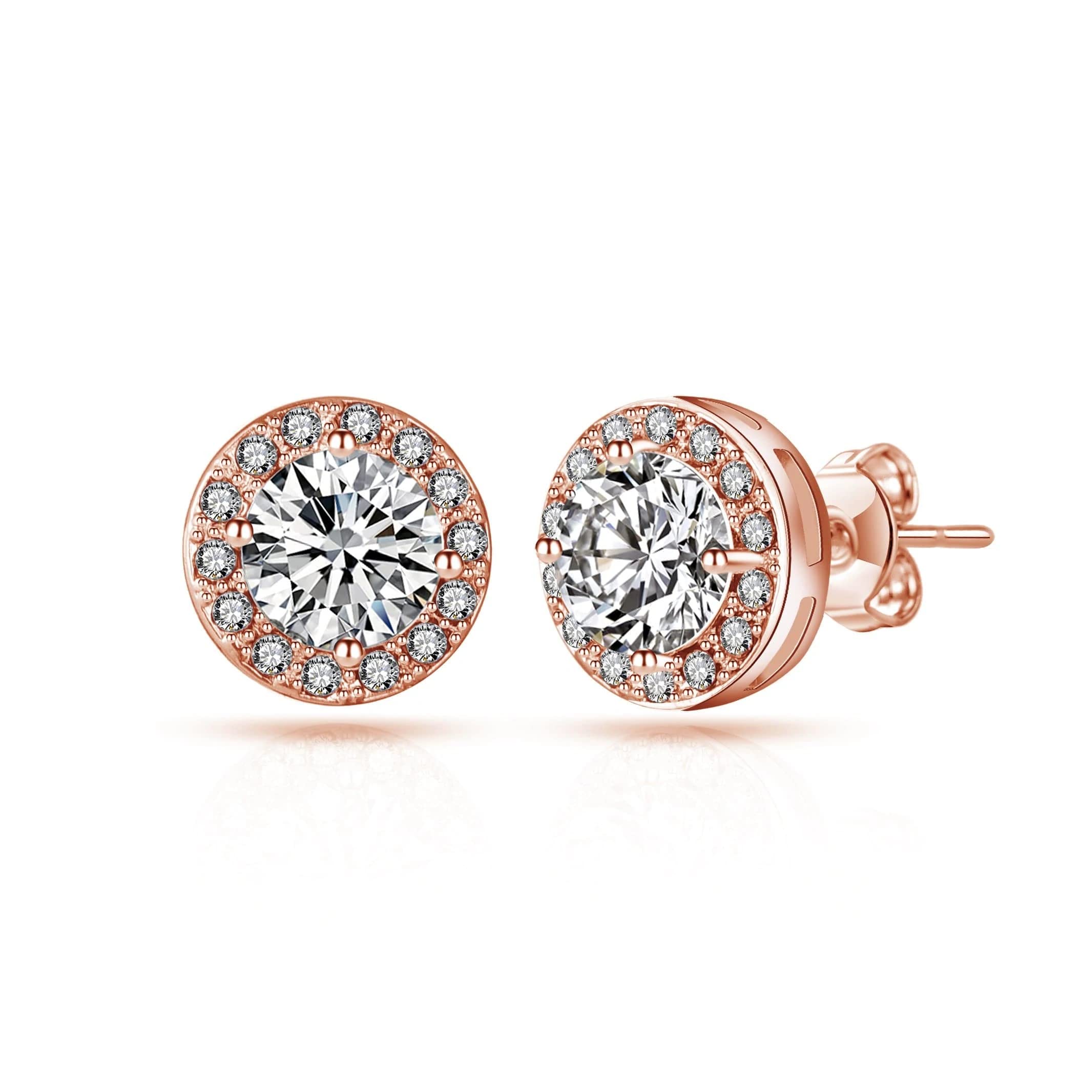 Rose Gold Plated Halo Earrings Created with Zircondia® Crystals