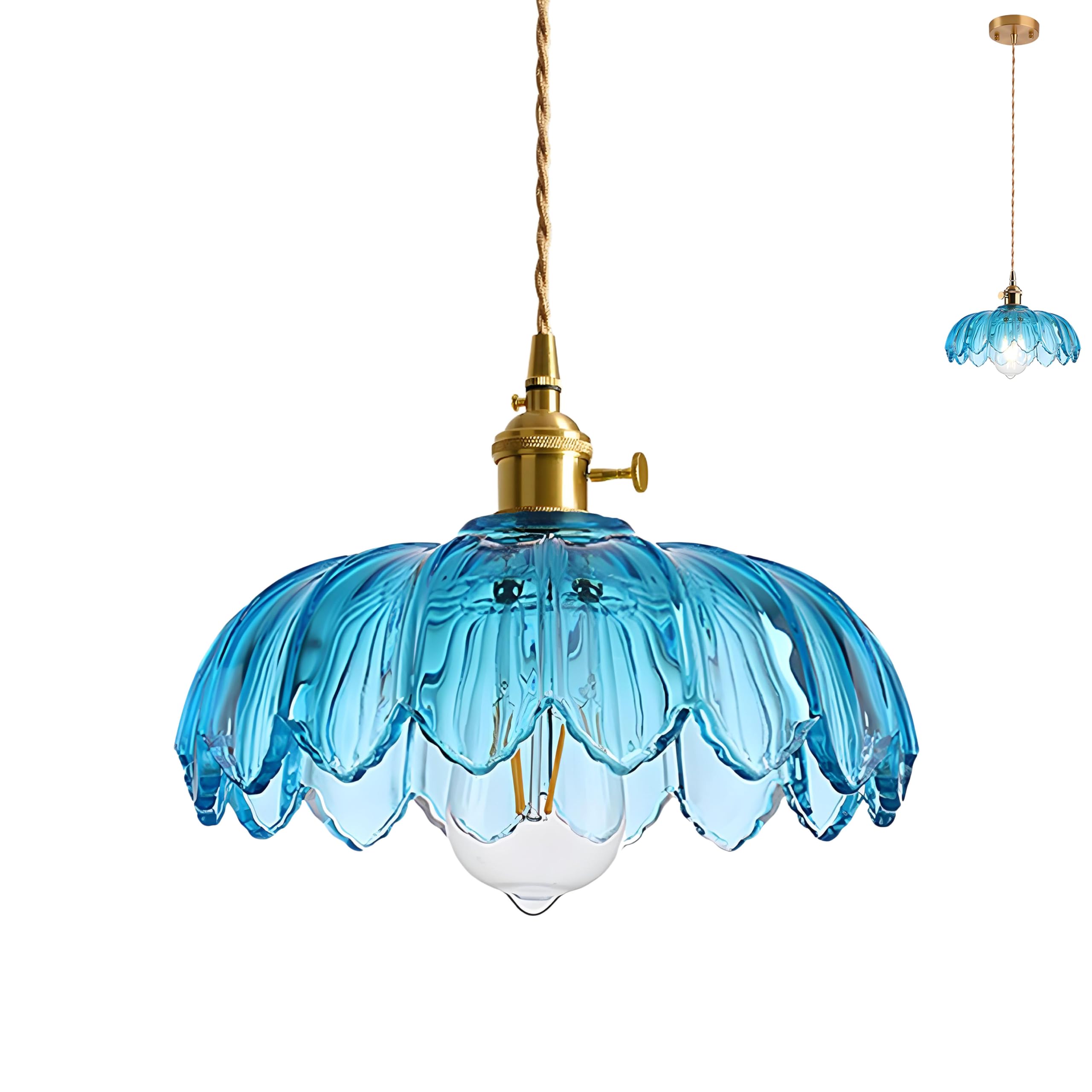 HJXDtech Vintage Crystal Glass Pendant Light, Flower Light Shade, Brass E27 Socket, Height Adjustable Ceiling Hanging Light Fixture for Kitchen Island and Dining Room (Blue)