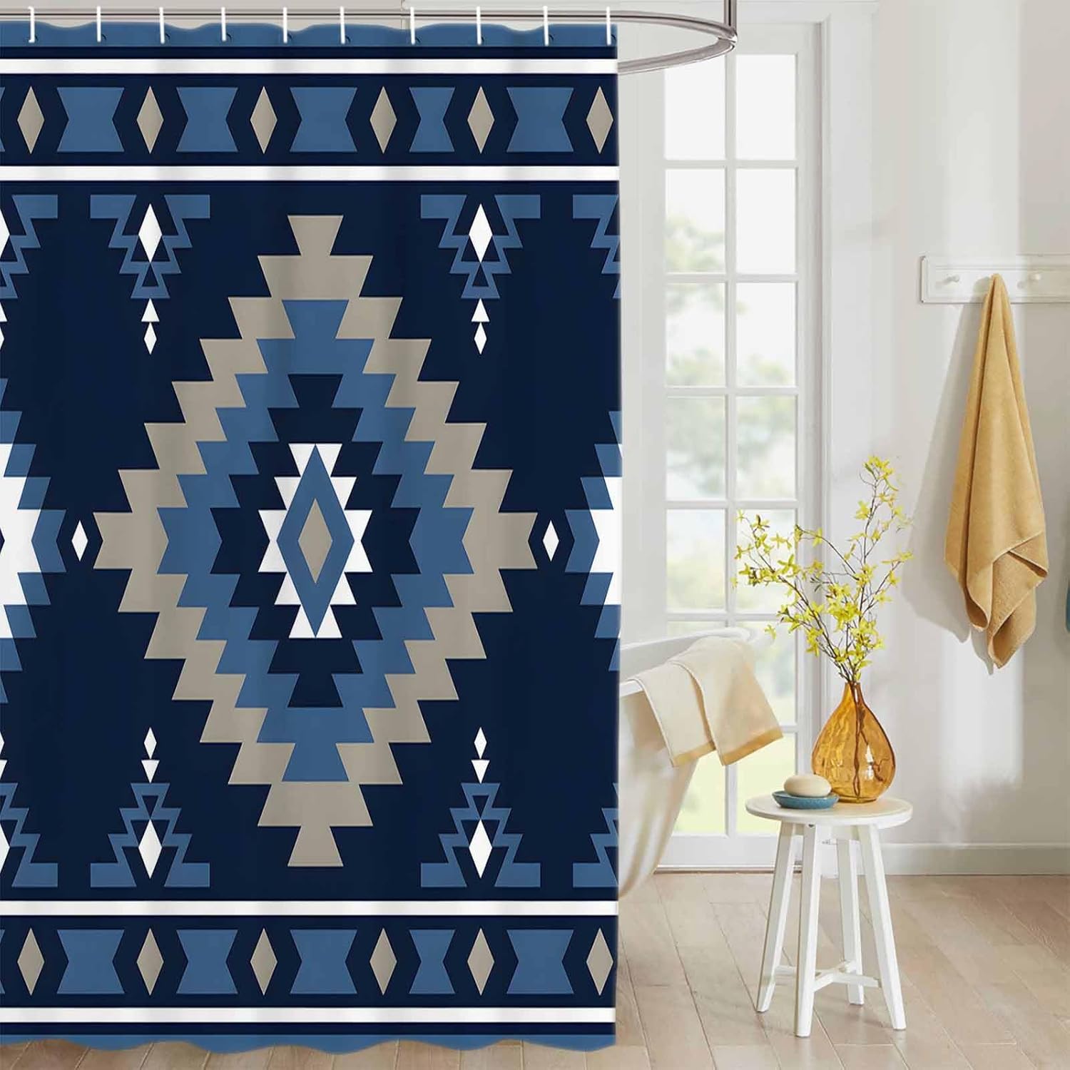 Vintage Southwest Shower Curtain Set with Hook 72"x78",Washable Cloth Polyester Fabric Shower+Curtain,Waterproof Bath Curtains for Bathroom,Showers,Bathtubs Navy Blue Native American Geometric Boho