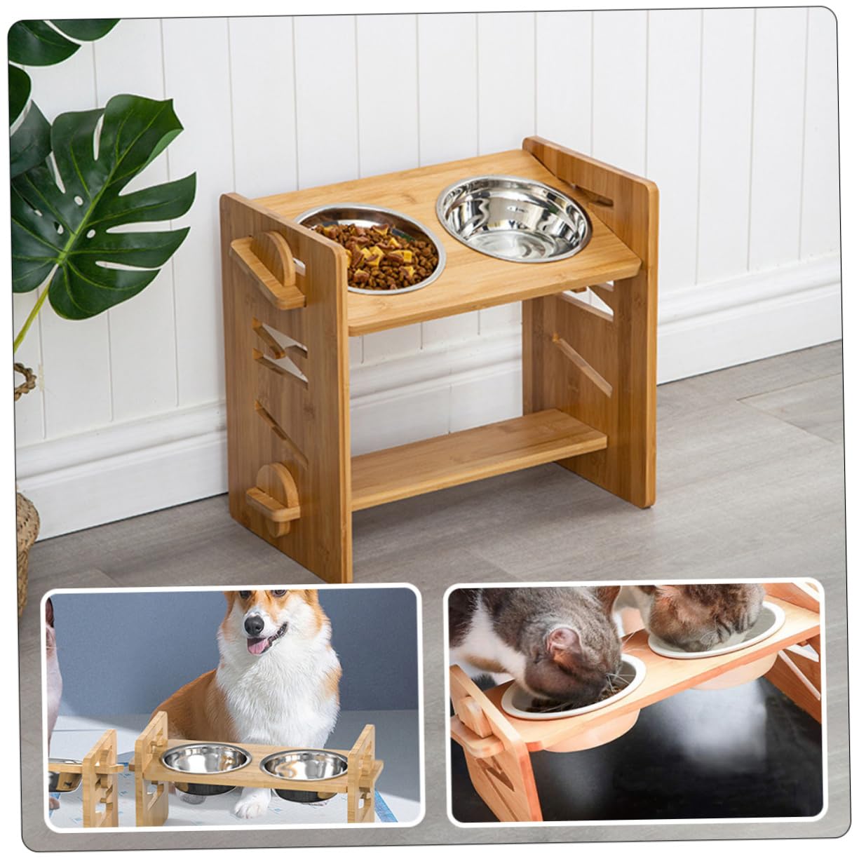 Housoutil 1juego Soporte para Comederos De Perros y Gatos Soporte Desmontable Bambú Elevado para La Carga El Cuello Mascotas Accesorio para Alimentación De Mascotas