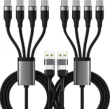 4 in 2 USB-C Multiple Cable 2PCS 1.2m, Dual Input A and Type C, Four Outputs for Mobiles, Fast Charging PD 40W QC 3.1A, Nylon Braided Compatible with iPhone 15/16/17, Samsung, Xiaomi, Tablets