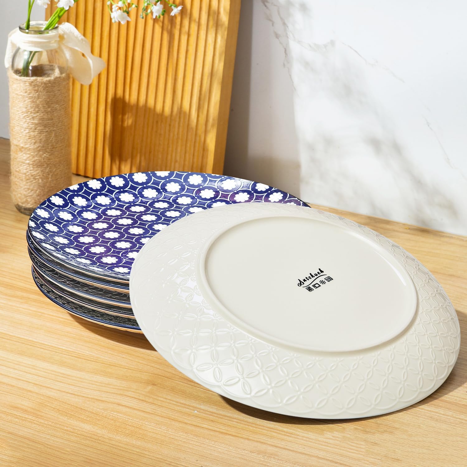AntoKueh 10.5 inch Dinner Plates, Blue Porcelain Dessert Plate Set of 6, Large Size Ceramic Plates for Kitchen, Pizza, Pasta, Dishwasher Safe, Vintage