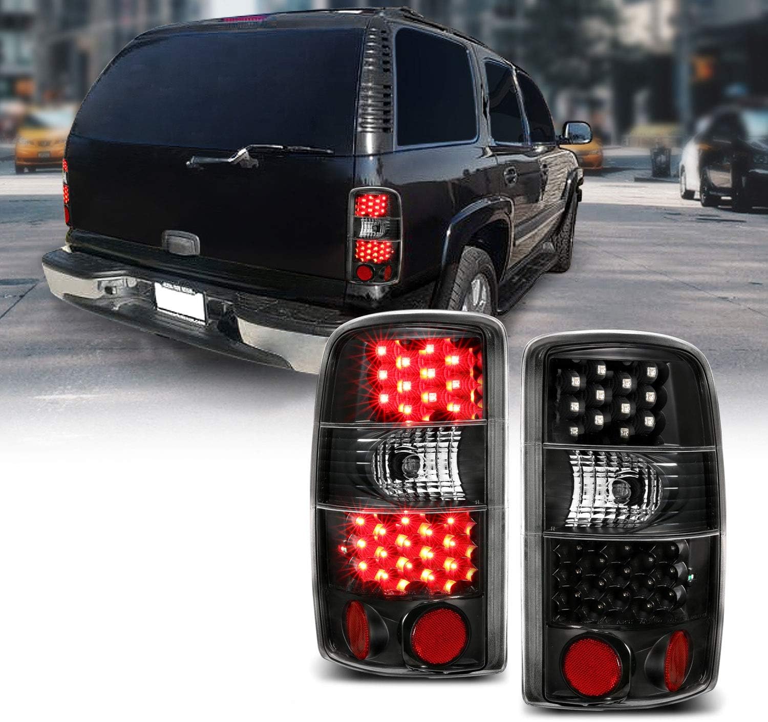 AmeriLite for 2000-2006 Chevy Tahoe/Suburban : GMC Yukon Dark Black LED Brake Tail Lights Assembly Set + Bulb Harness - Passenger and Driver Side