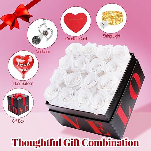 Miniatura 3 de MACTING Flores preservadas de 4 piezas, rosas blancas para siempre con collar y globo en forma de corazón, flores frescas en una caja para San