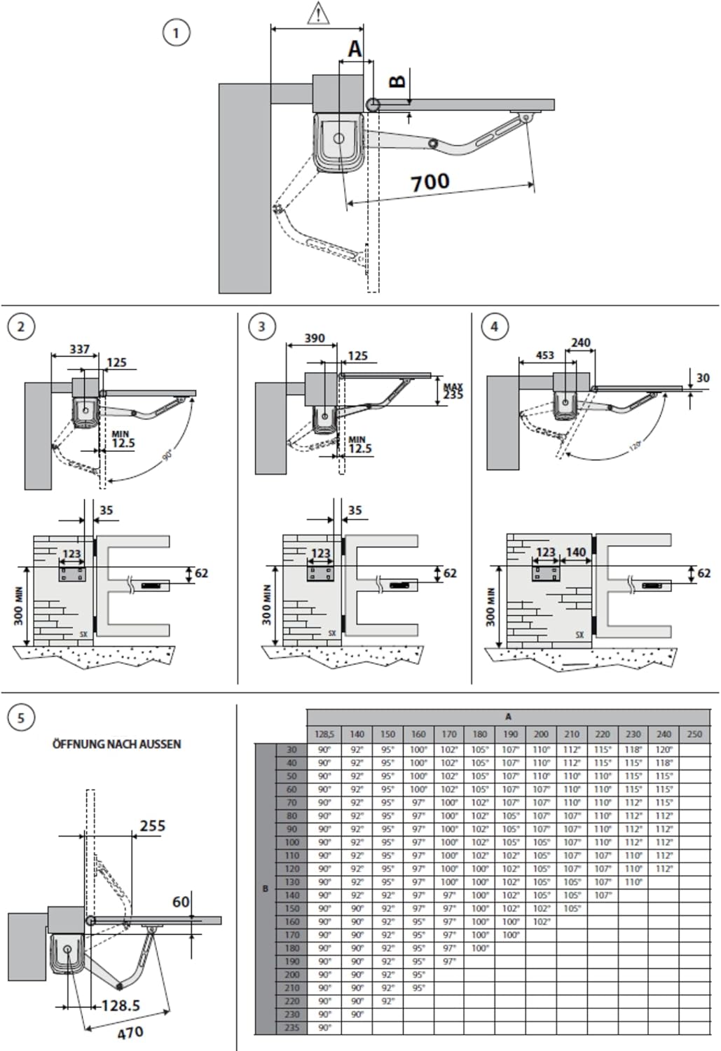 Technical drawing showing various installation dimensions and configurations for the BFT Virgo SMART BT A20 gate operator, including measurements for different gate opening angles and post types.
