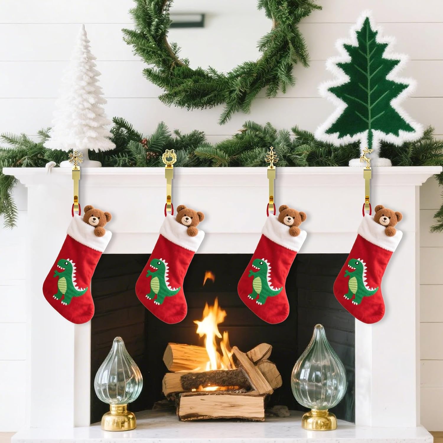 4 Pcs Christmas Stocking Holders for Mantle Stocking Hooks for Mantle No-Slip Lightweight Upgrade Stable Fit Xmas Party Decoration, Fireplace Hanging Xmas Stocks (Gold)