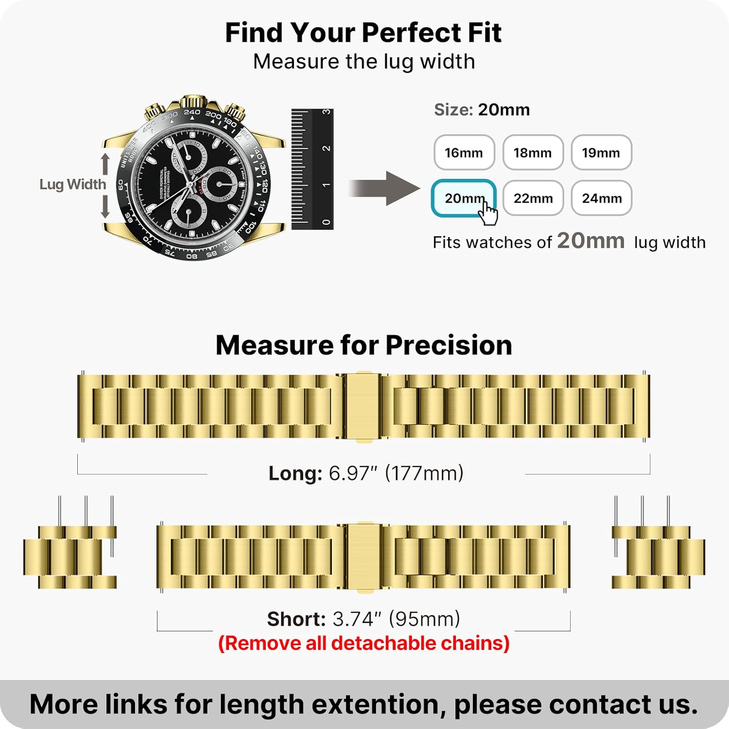Fullmosa Watch Band, Quick Release Stainless Steel Replacement for Men Women, Metal Chain Watch Strap Width 16mm 18mm 19mm 20mm 22mm 24mm, Golden, 20mm
