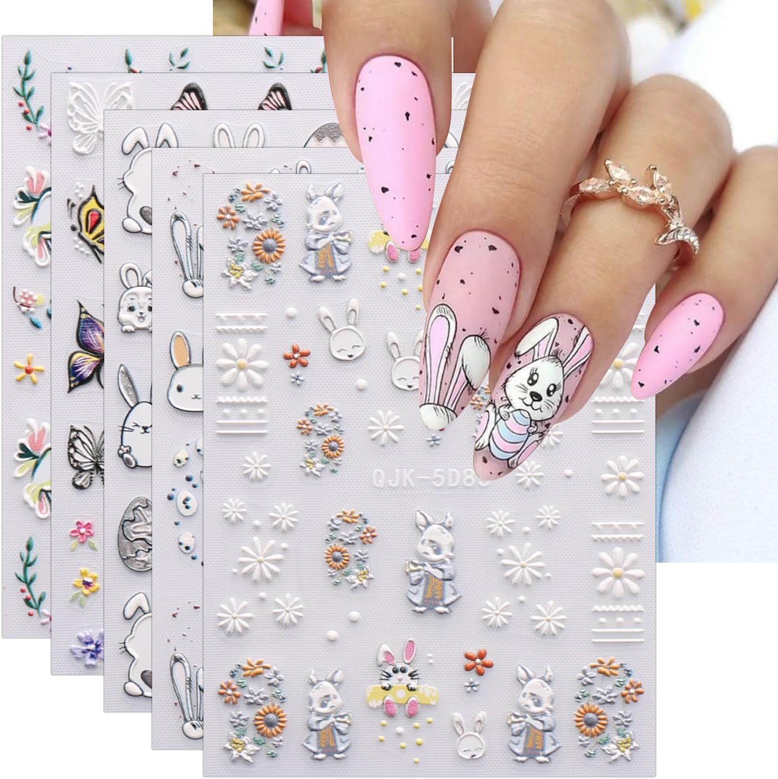 JMEOWIO 3D Easter Nail Art Sticker 6 Sheets Nail Sticker Self Adhesive Nail Decoration
