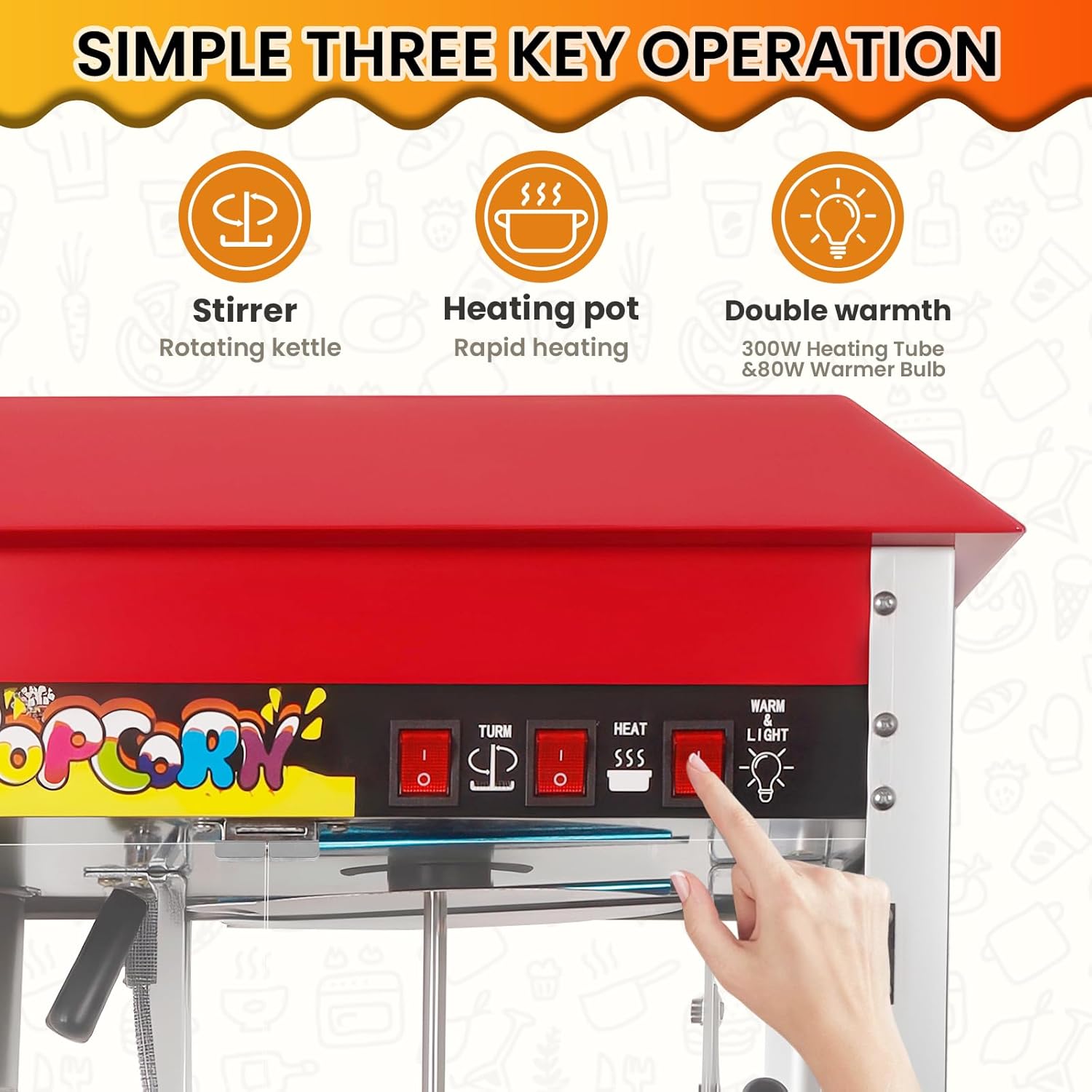 Commercial Popcorn Machine, 10 Oz Removable Kettle Countertop Popcorn Popper with Dual Warm System, 1300W Stainless Steel Popcorn Maker Tempered Glass for Home Theater, Party, Arcade, Snack Stand