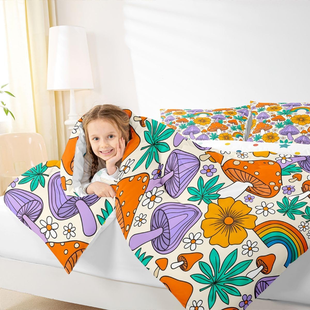 Feelyou Mushroom Comforter Set Rainbow Eyed Print Bedding Set Retro 60S 70S Floral Comforter Flowers Groovy Quilted Duvet Set for Kids Boys Girls Queen Size with 2 Pillow Case