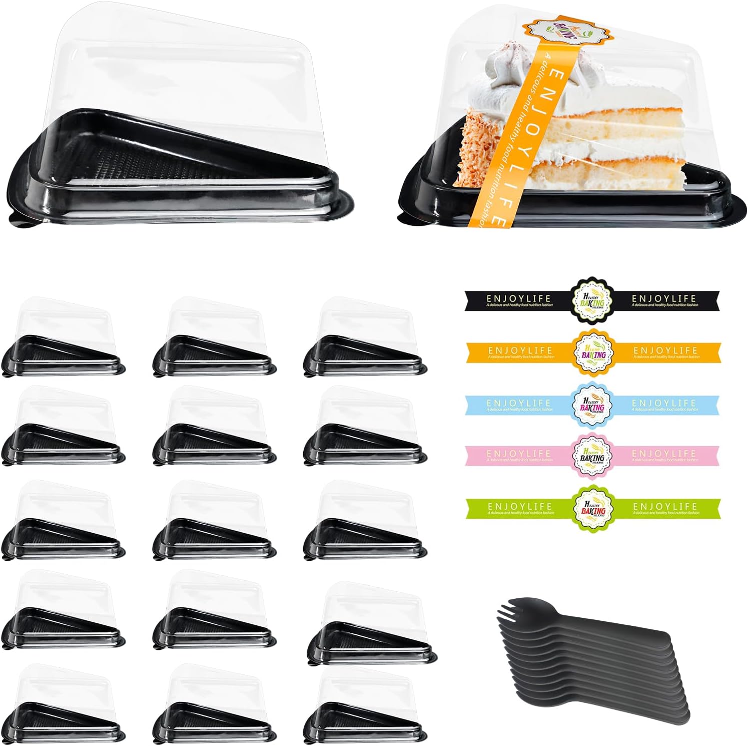 100 Pack Cake Slice Containers with Stickers & Forks, Clear Plastic Pie Box | Mini Cheesecake Box, Individual Triangle Cake Pans for Pies, Tiramisu, Mousse, Dessert (Black)