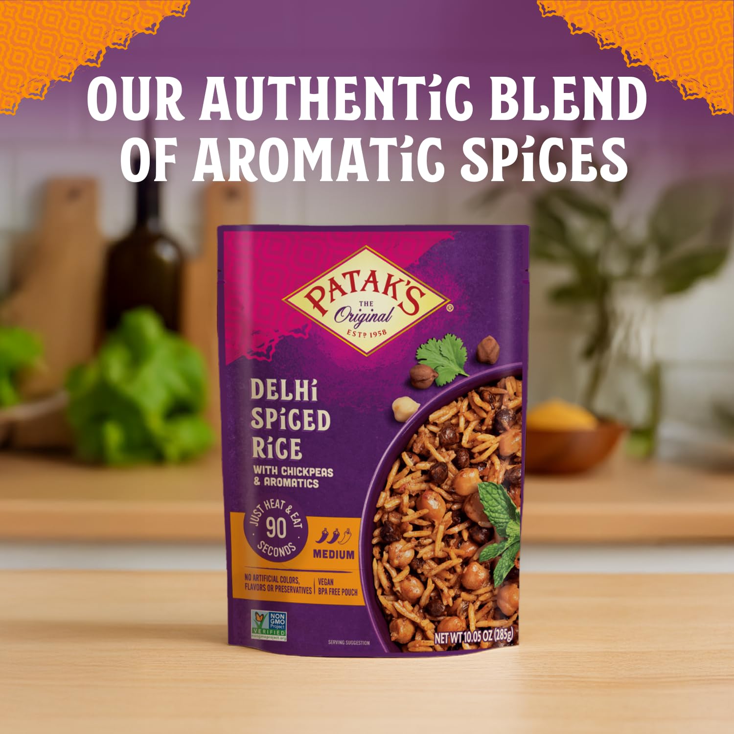 Patak’s Delhi Spiced Rice - Fragrant Basmati Rice w/Chickpeas, Onion & Tomato - Kosher, Vegan Microwavable Meal Ready in 90 Seconds - Ready To Eat Rice For Quick Lunch Or Dinner - 10.05oz (Pack of 6)