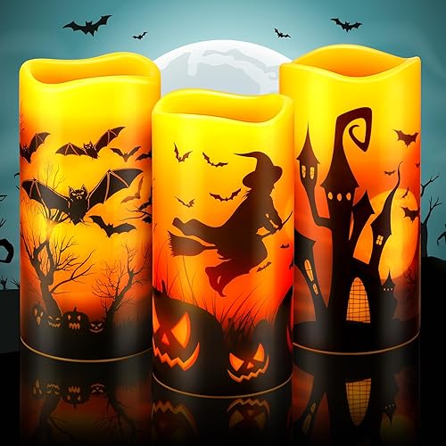 Velas LED sin llama de Halloween, 3 unidades, decoración de Halloween, funciona con pilas, juego de 3 velas rústicas de pilar de cera real con