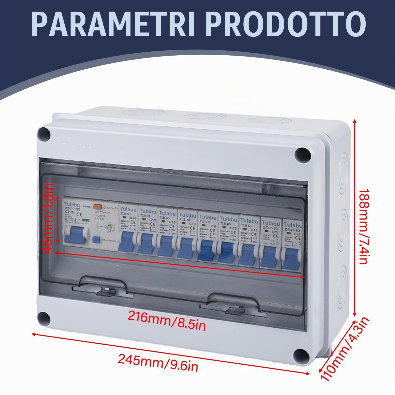 Scatola dei fusibili da parete, distributore di corrente da parete, con interruttore di protezione Fi, IP65, impermeabile, per interni/esterni, interruttore 125 A, interruttore di separazione AC 7 x