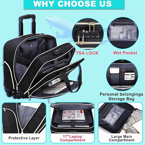 Miniatura 4 de jamini Bolsa con ruedas para laptop con 4 ruedas giratorias, 17.3 pulgadas y TSA Lock Maletín grande con ruedas para hombres y mujeres, resistente