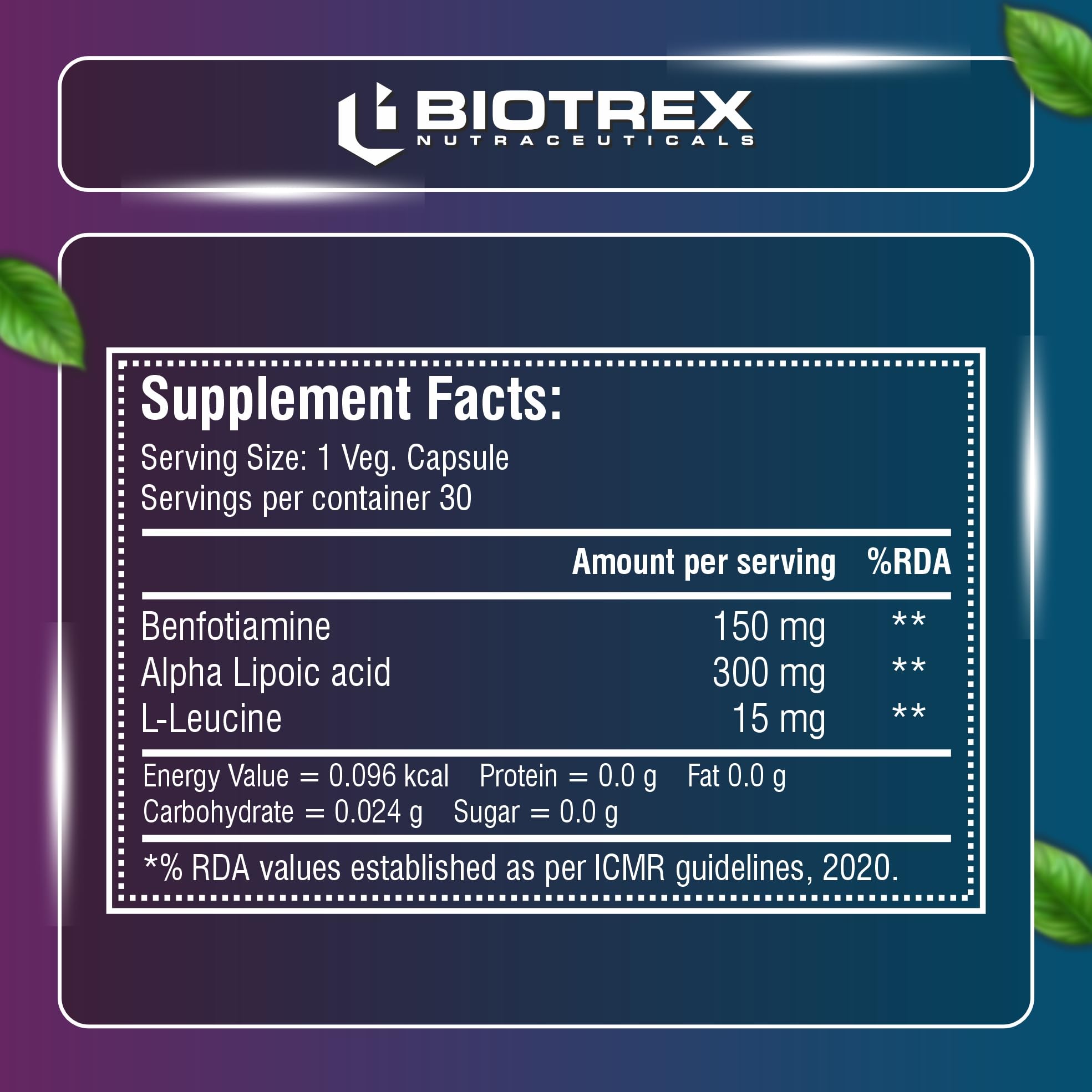 Biotrex Nutraceuticals Benfotiamine 150mg, Alpha Lipoic Acid 300mg With Leucine | Glucose Balance & Metabolic Response | Brain, Heart & Nerve Health | Most Bioavailable Vitamin B1-30 Veg Capsules — Amazon image 2