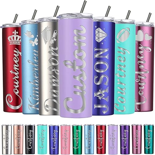 Miniatura 9 de Vaso delgado personalizado de acero inoxidable con tapas y pajitas, vaso delgado con aislamiento personalizado grabado con nombre, 20 onzas, para