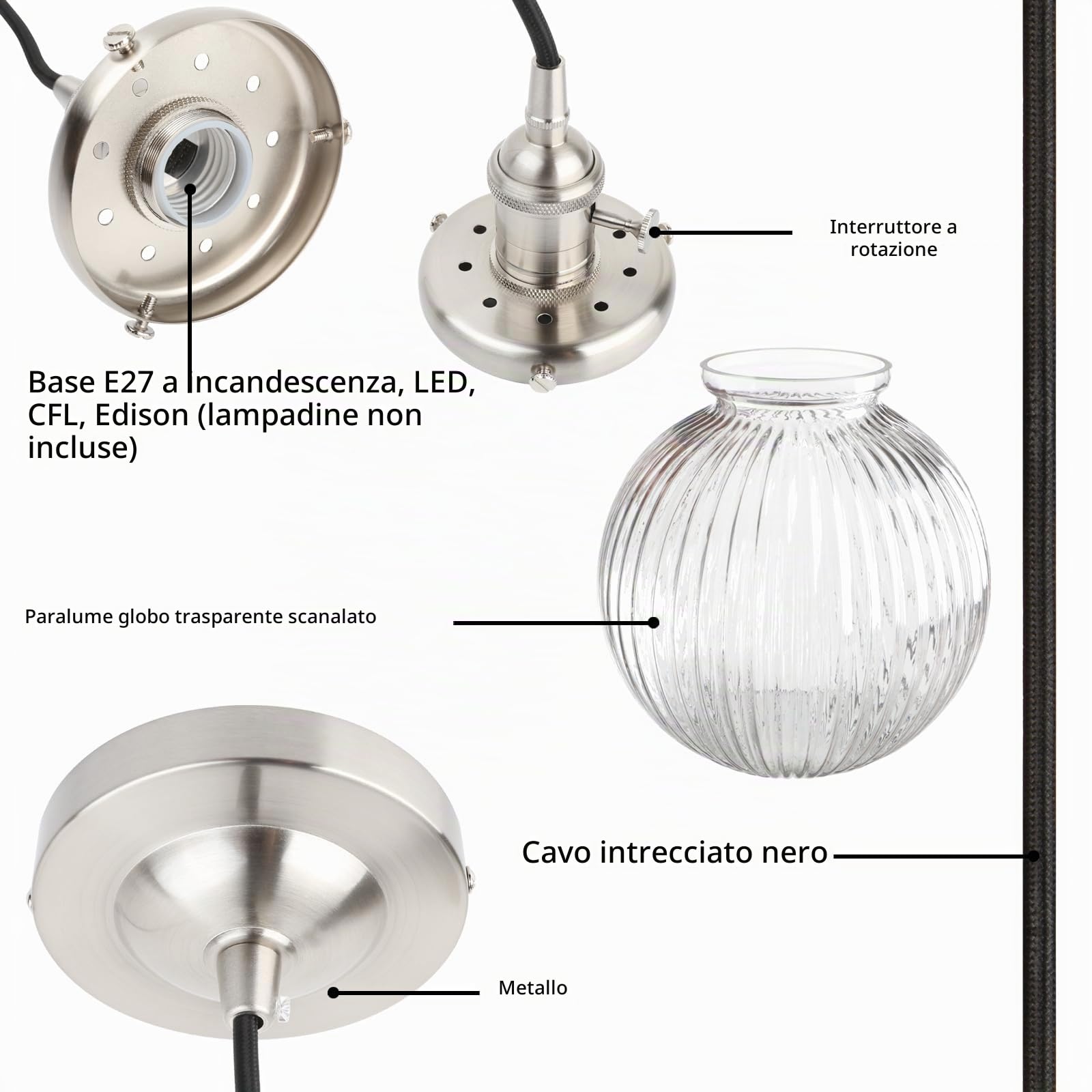 Lampada a sospensione industriale a soffitto in vetro, lampadario soffitto da bar loft retrò con paralume in vetro rigato per isola cucina, sala da pranzo, soggiorno, camera da letto