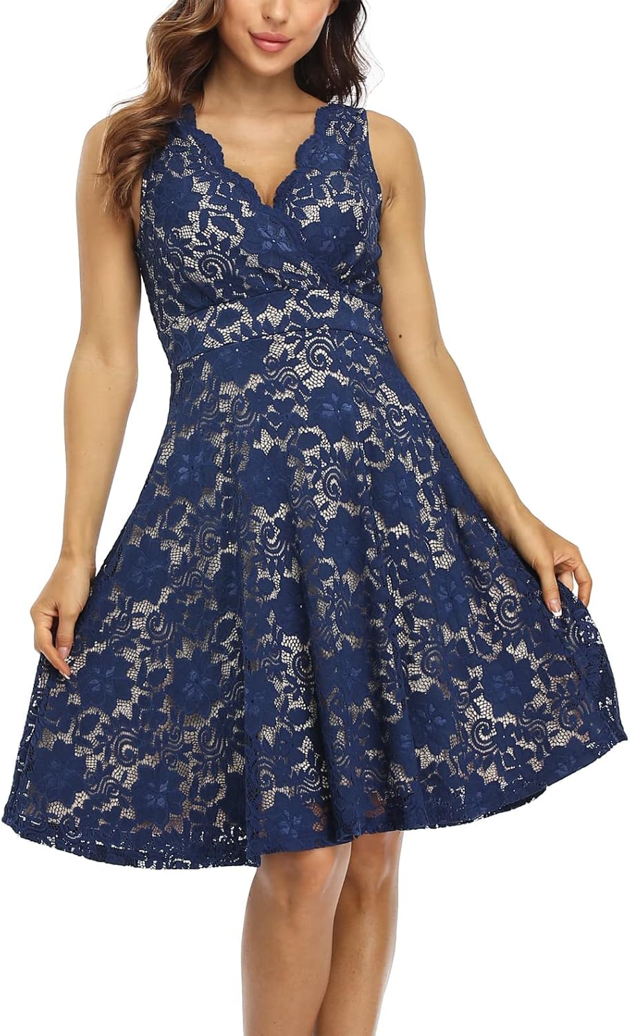 MISS MOLY Women's Floral Lace Overlay Fit and Flare Dress Sexy V-Neck Knee Length Elegant Party Wedding Dress - Image 2