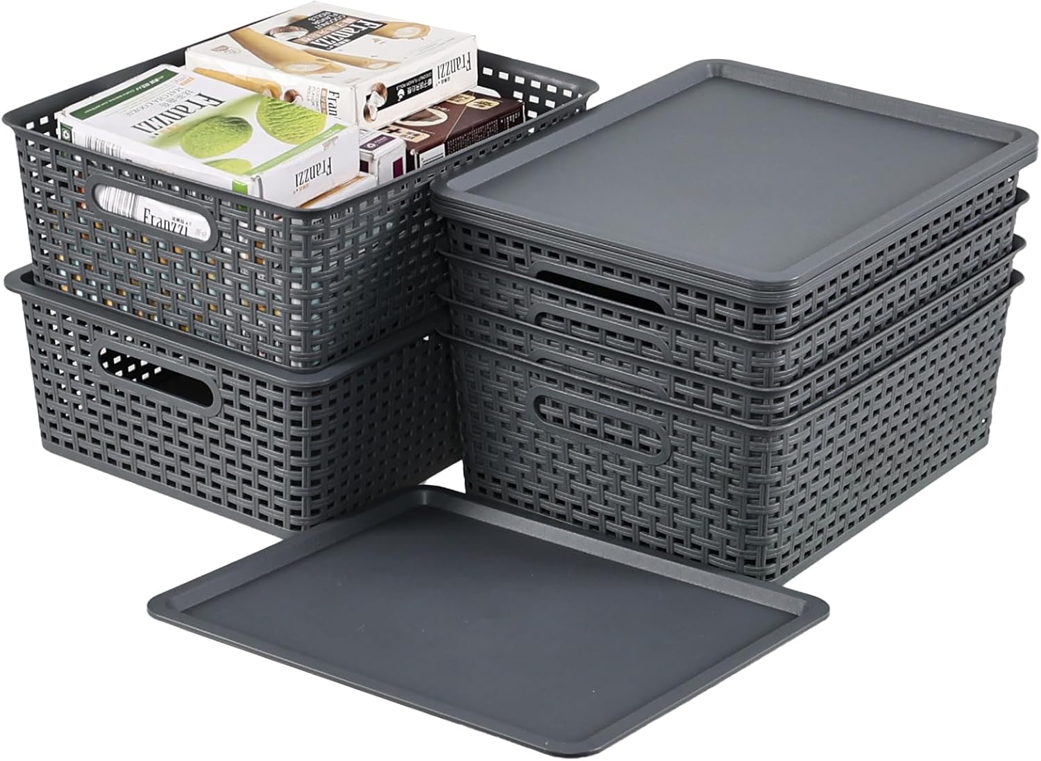 6 Pack Plastic Woven Storage Baskets with Lids, Lidded Organizer Baskets, 13.97" x 11.6" x 5.3", Grey