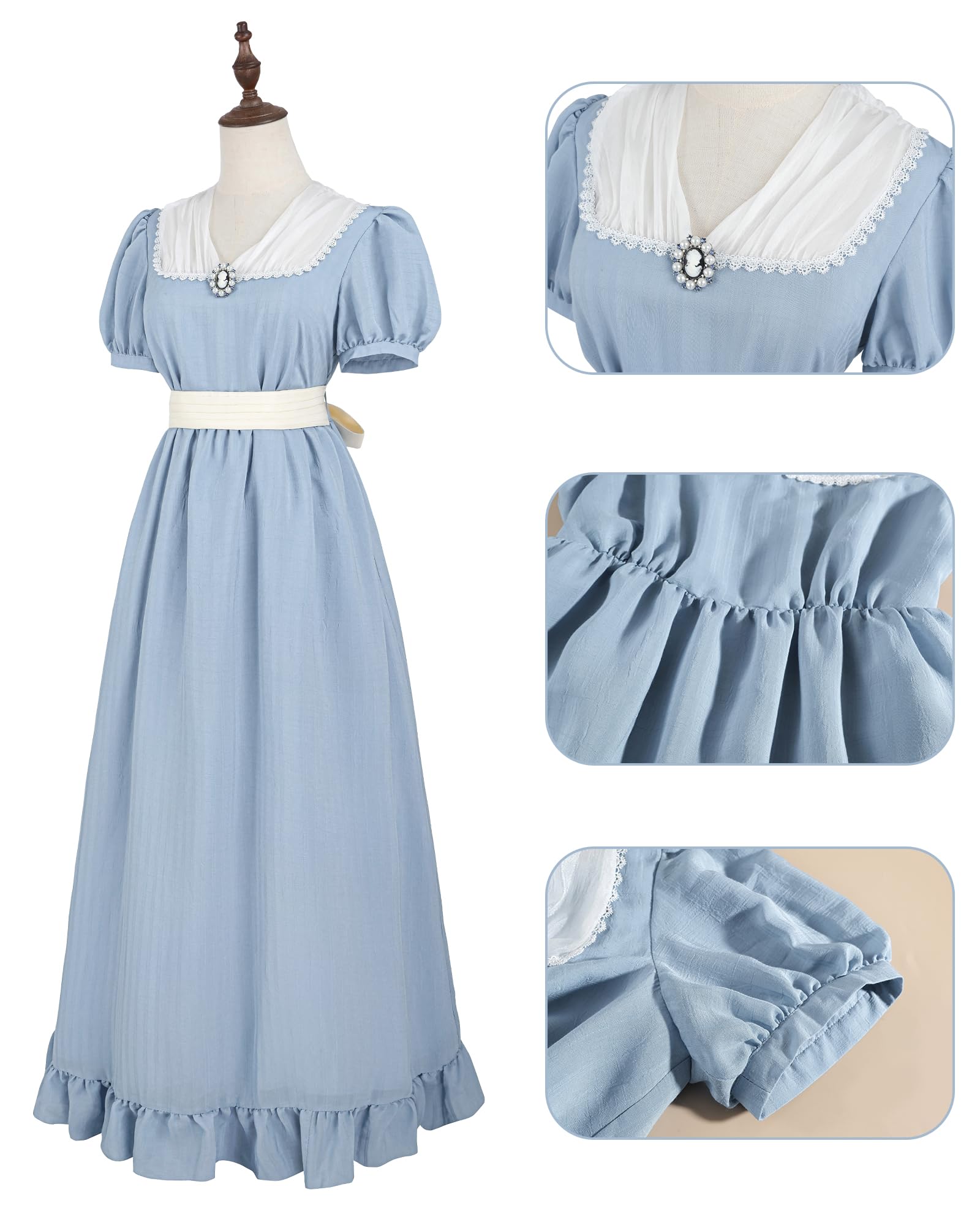Regency Robe longue vintage pour femme avec manches bouffantes - Style empire - Robe d'été avec ceinture et broche de poitrine - Robe de bal cosplay avec gants
