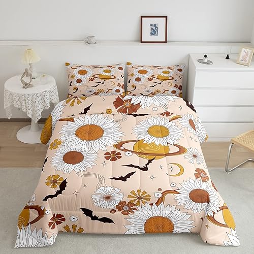 Erosebridal Groovy Daisy - Juego de ropa de cama tamaño Queen para niñas y mujeres, juego de edredón floral retro con flores de luna y estrellas,