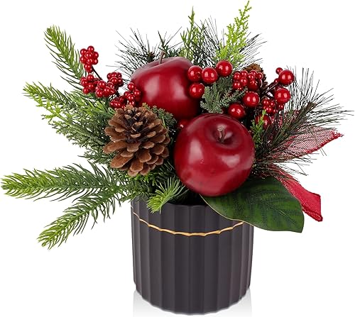 Mini árbol de Navidad, árbol de Navidad artificial en maceta con manzanas, conos de pino, bayas, cinta, mesa, pequeños arreglos florales de Navidad