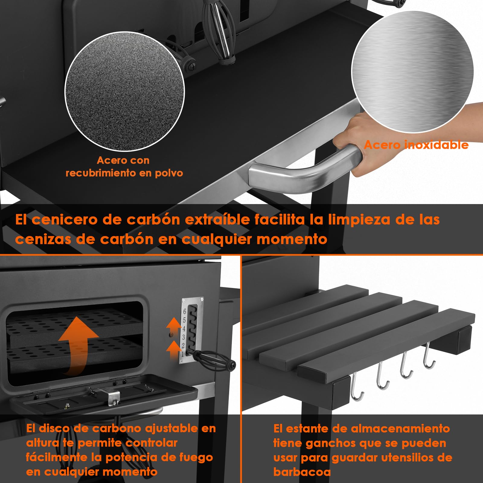 TLSUNNY Barbacoa de Carbón de Madera, XXL Parrilla en Pie con Tapa, Barbacoa de Gran Tamaño con Chimenea y Termómetro, Grande Parrilla con 2PCS Ruedas, 152 x 136 x 60 cm para Jardín y Exterior