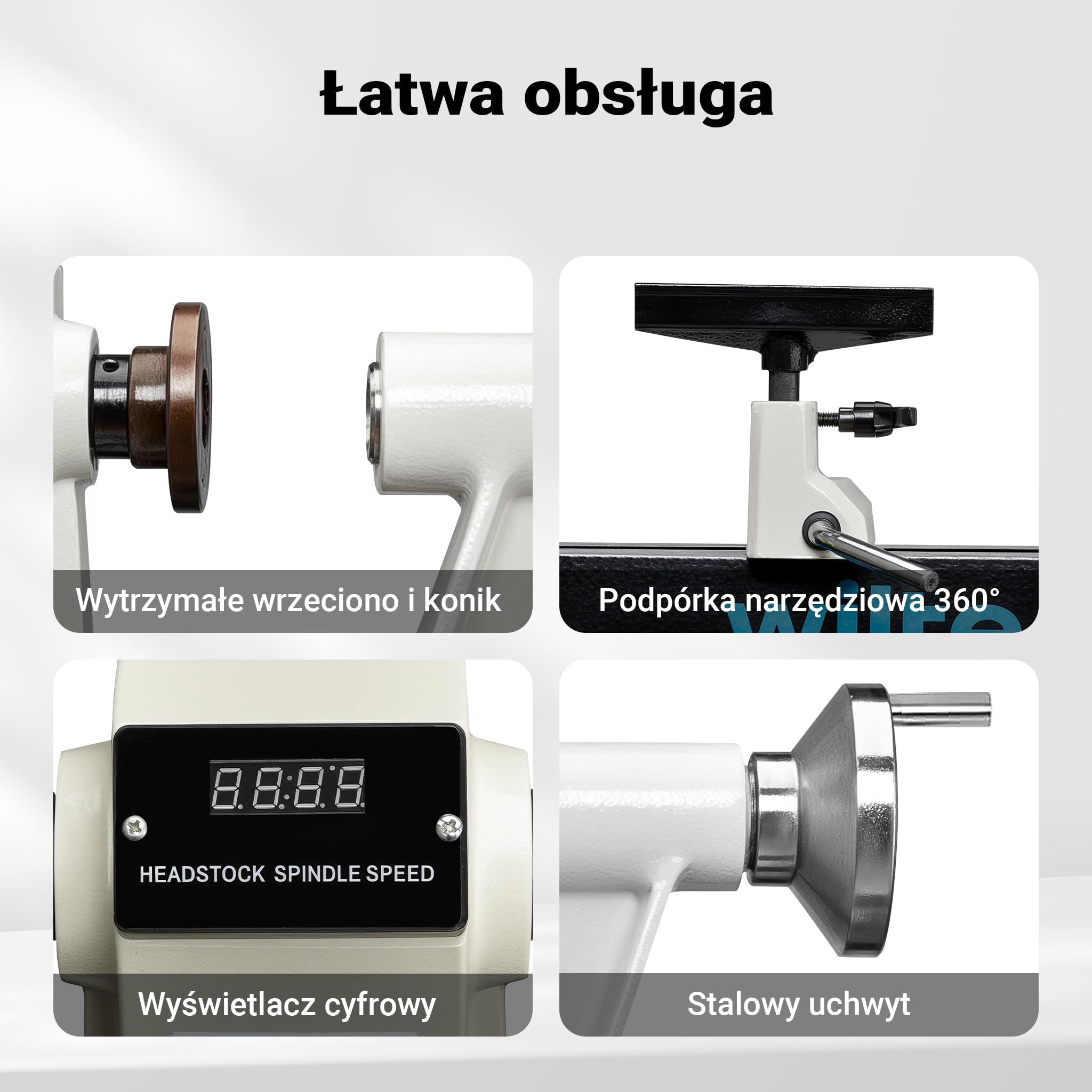 Wiltec Tokarka do drewna 550 W o regulowanej prędkości 650-3800 obr/min do obróbki drewna do 457 mm długości i 310 mm średnicy z akcesoriami