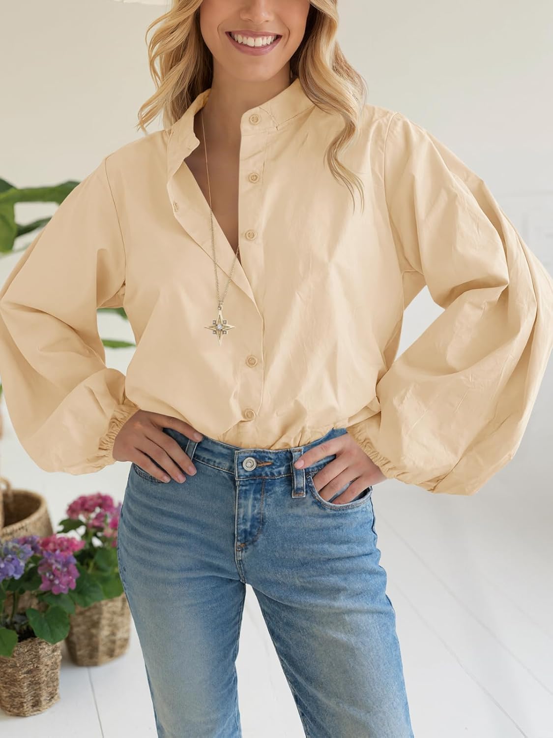 Tankaneo Womens Lantern Sleeve Button Down Shirts Oversized Mock Neck Blouse Trendy Casual Loose Fit Cotton Tops - Image 3