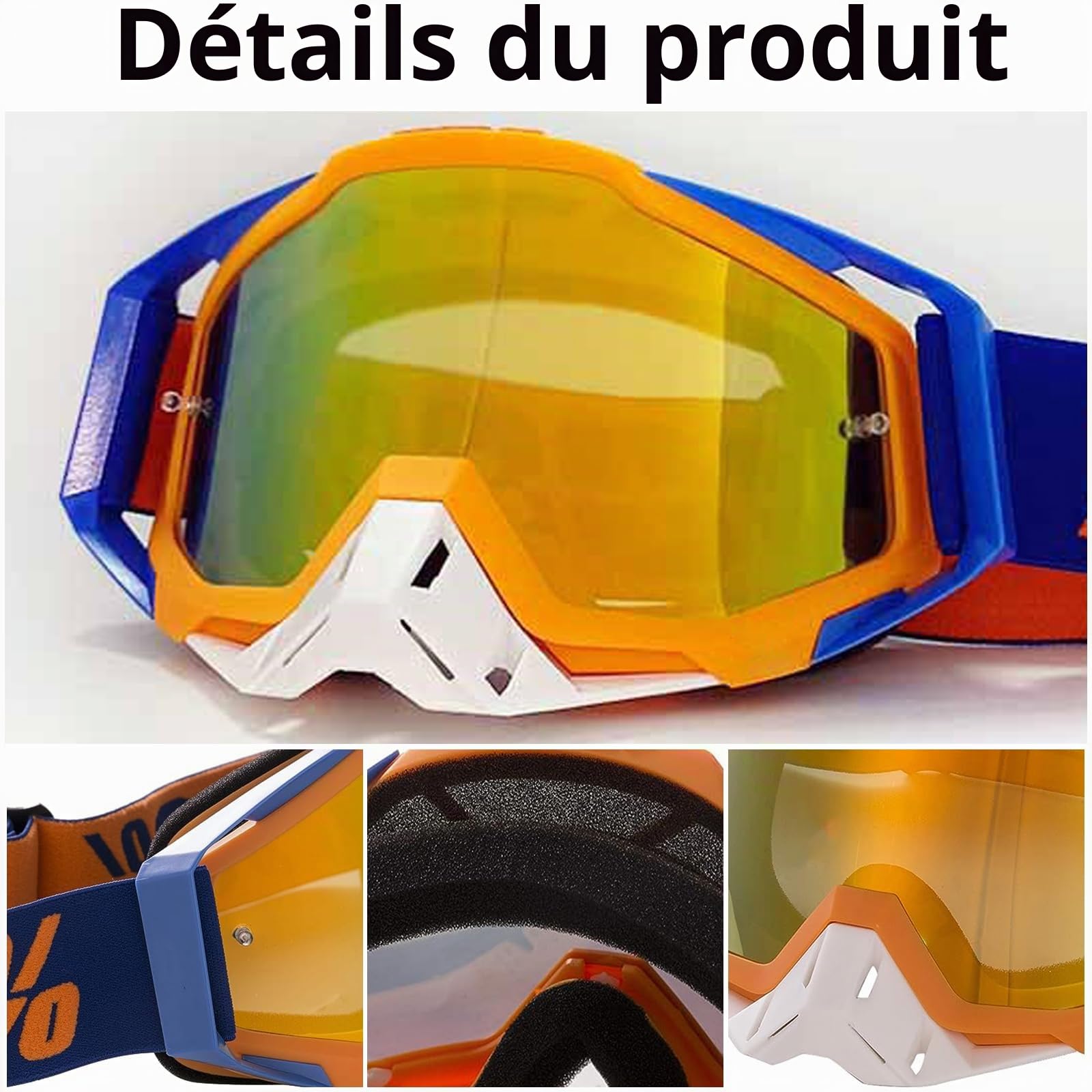 Lunettes de motocross, lunettes de motocross coupe-vent et étanche à la poussière, lunettes de ski, lunettes de cross pour dirt bike, lunettes anti-buée et UV pour ski, lunettes de course tout-terrain