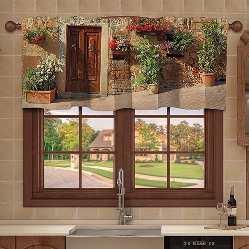 Miniatura 3 de Cortina de cenefa de cocina, patrón toscano floral, bolsillo para cortinero de ventana, para ventanas, dormitorio, baño, 60 x 18 pulgadas, marrón