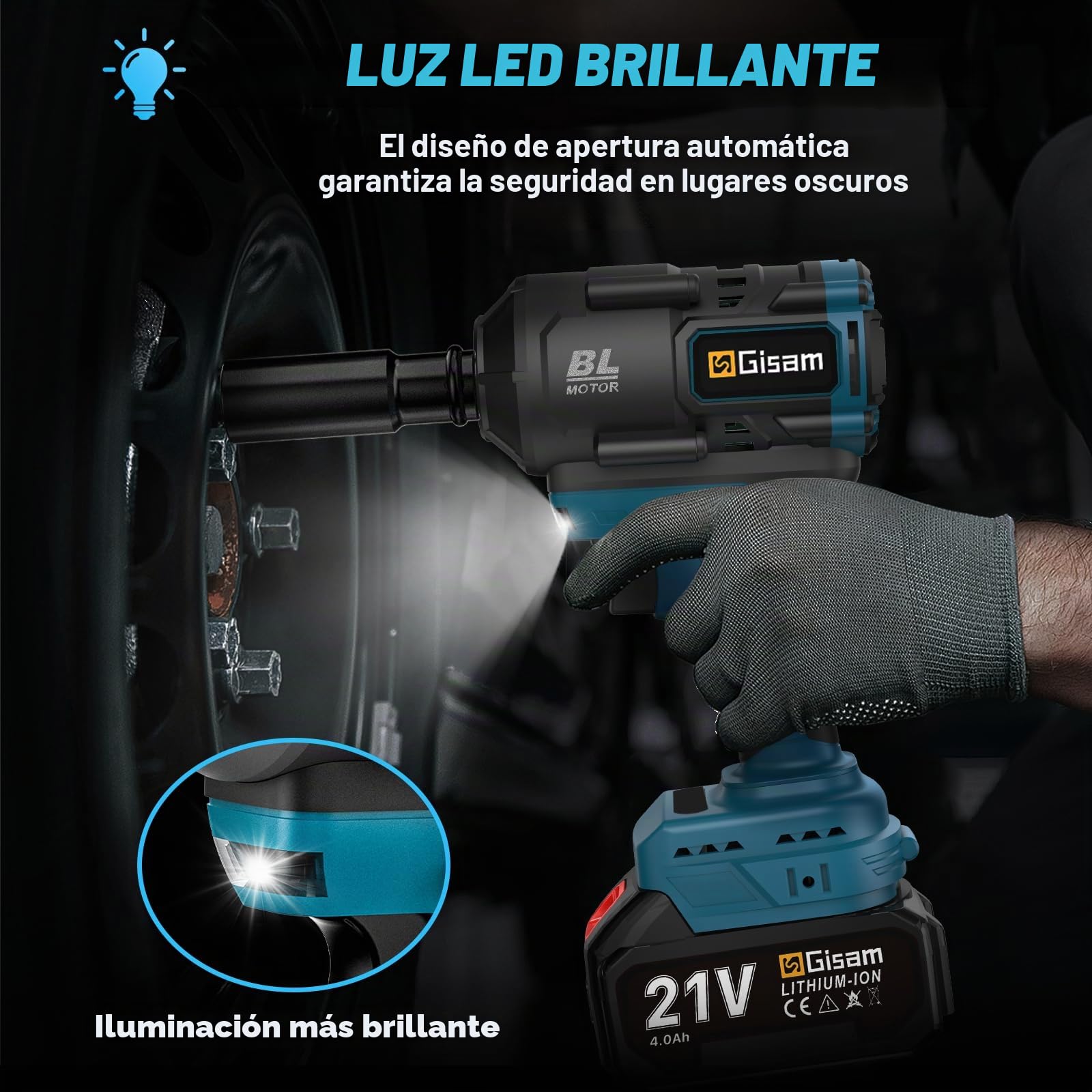 Gisam Llave de Impacto Con Batería de 1200 NM, Con Baterías de 8000 MAh Y Cargador Rápido, 1/2 Sin Escobillas, Cambio de Neumáticos con 5 Llaves de Vaso Para Coches, Andamios (2 baterías)