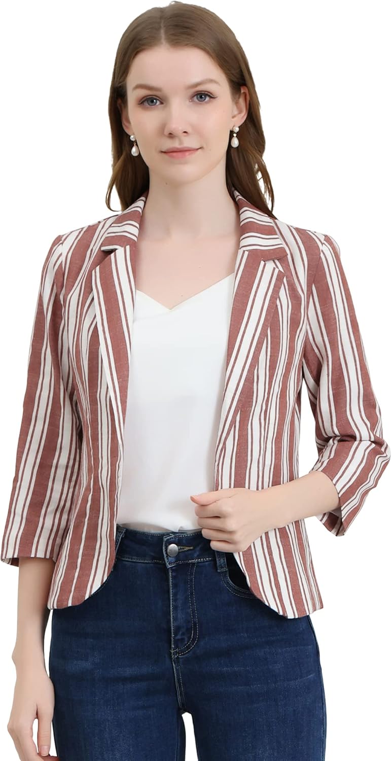 Allegra K Women's Striped Open Front Work Office 3/4 Sleeves Casual Notched Lapel Blazer