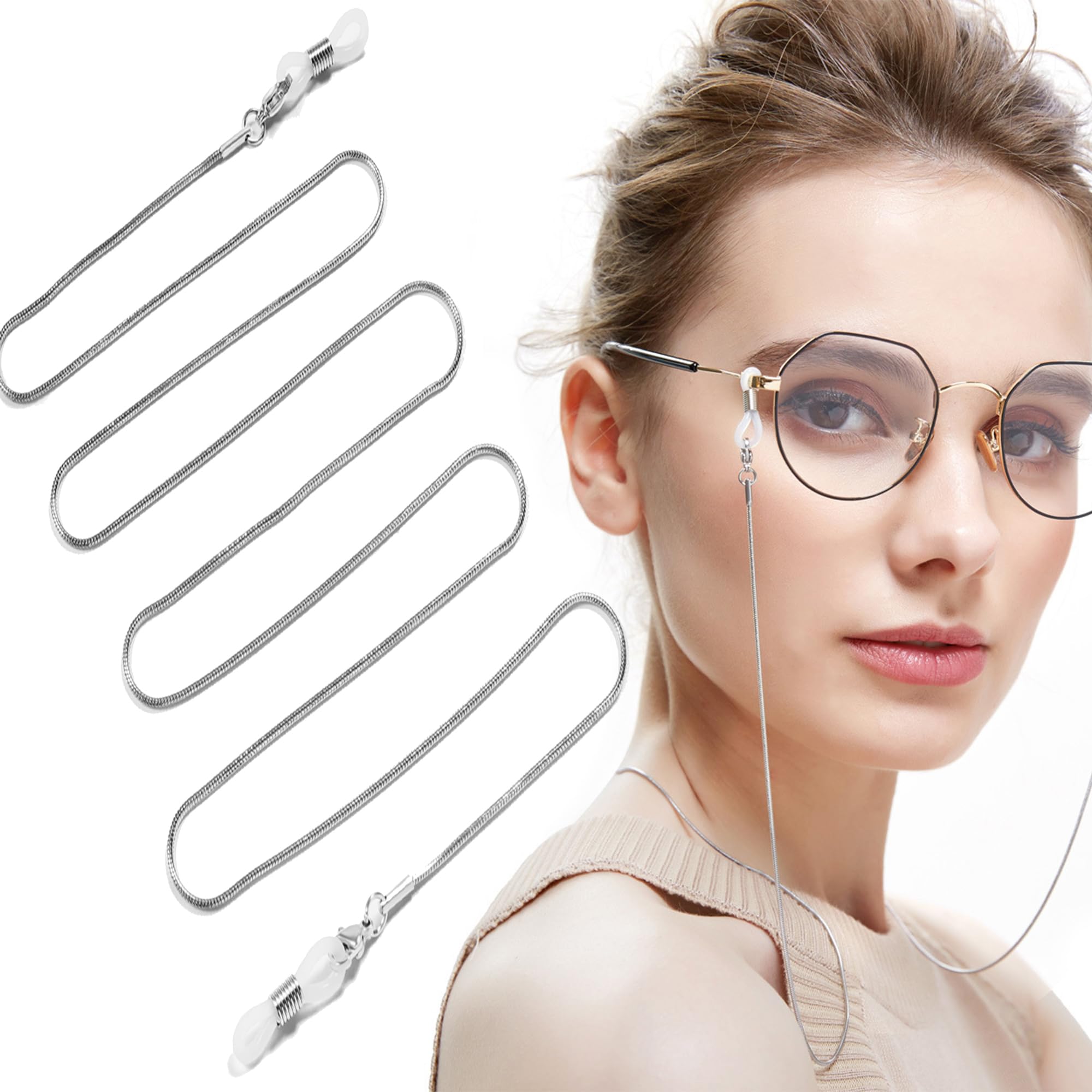 MINGZE Cadenas de gafas, Soporte de gafas de acero inoxidable Cadena de cordón de cuello, Gafas Correas de cables Se adapta a las mujeres u hombres La mayoría de las gafas, Plata, 80cm