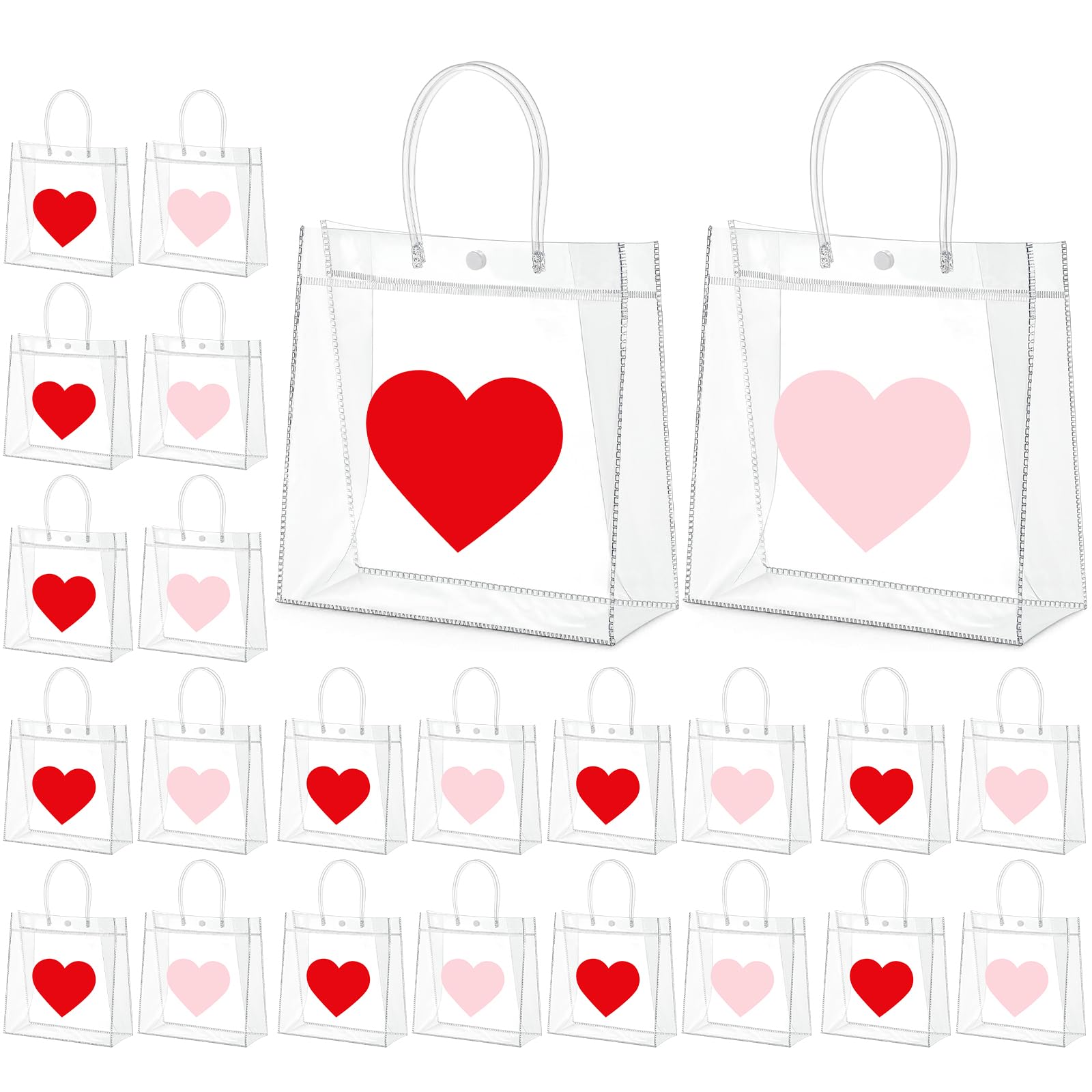 Aliceset 24 Pcs Heart Gift Bags Bulk Clear PVC Gift Bags with Handles Heart Pattern Reusable Transparent Tote for Party Favors Candy Treat Mother's Day (Mom, 9.84"x 9.84"x 3.54")