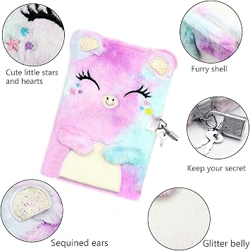 Secret Diary with Lock for Girls, Plush Cat Journal Notebook Set with Unicorn Coin Purse/Pen/Bracelets/Crystal Heart Stickers, Cute Girls Birthday Gifts for Age at 6 7 8 9 10 Years Old
