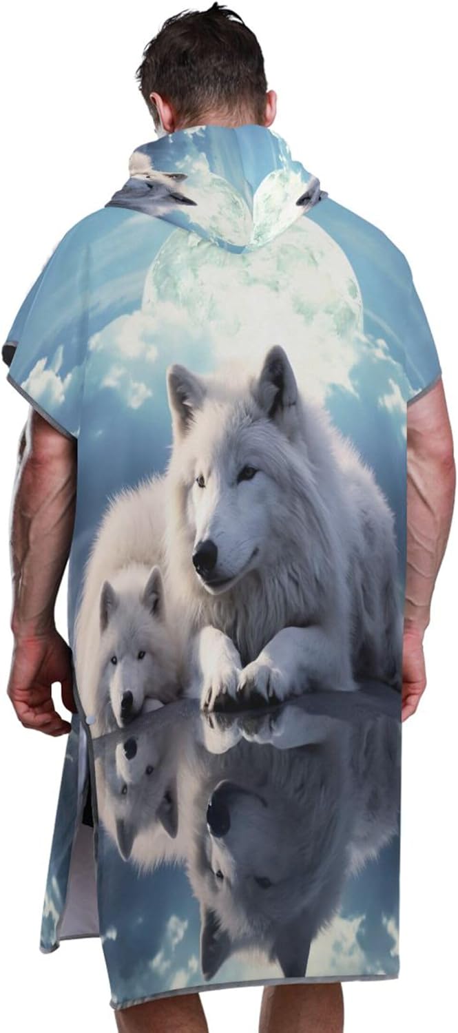 Quick Dry Surf Poncho Changing Robe for Adults Hooded Swimming Towel Wolf Print Cool Adult Ponchos for Women