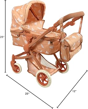 Convertible Combo Baby Doll Stroller for 3 Year Old Girls & Up | Play Toy Baby Stroller for Dolls, Folding Adjustable Bassinet Carriage Buggy with Storage Basket (Beige Butterfly)
