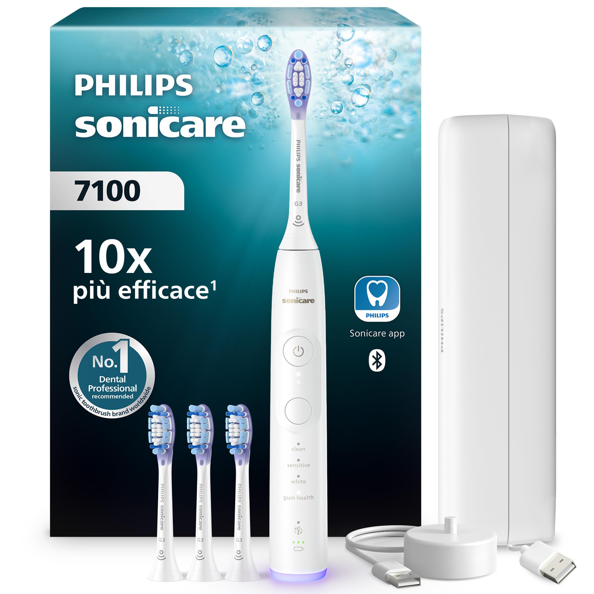 Philips Sonicare 7100, spazzolino elettrico sonico con app, 4 modalità di spazzolamento e 3 livelli di intensità, avviso di pressione, EasyStart, SmarTimer, bianco, HX7420/08 [Nuova tecnologia]