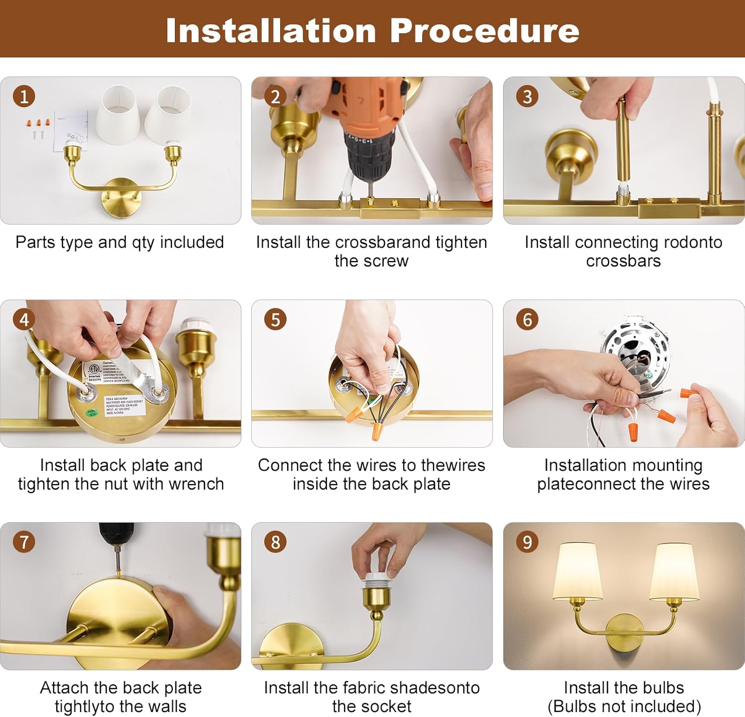 Bathroom Vanity Light, Brushed Nickel Bathroom Light Fixtures, 2-Light Lighting Fixtures Over Miror, Modern Wall Sconce with Flared White Fabric Shade, E26 Socket(ETL Listed)