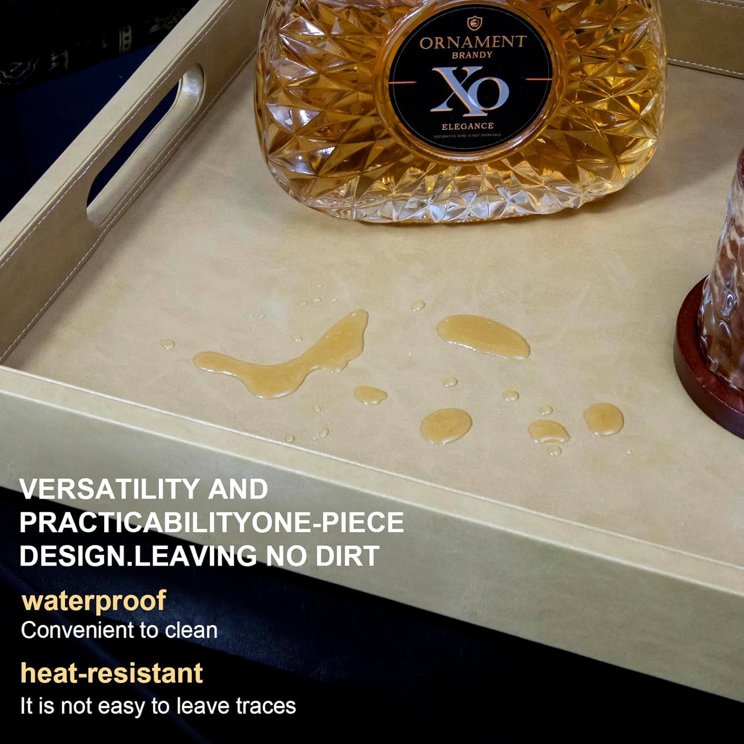 20 * 14 inches Leather Rectangle Serving Tray with Hole Handles,High-End Light Large Service Tray for Ottoman Tray, Tea, Food, Butler - Countertop, Kitchen,Family Dinner, Picnic (Brown) - Image 5