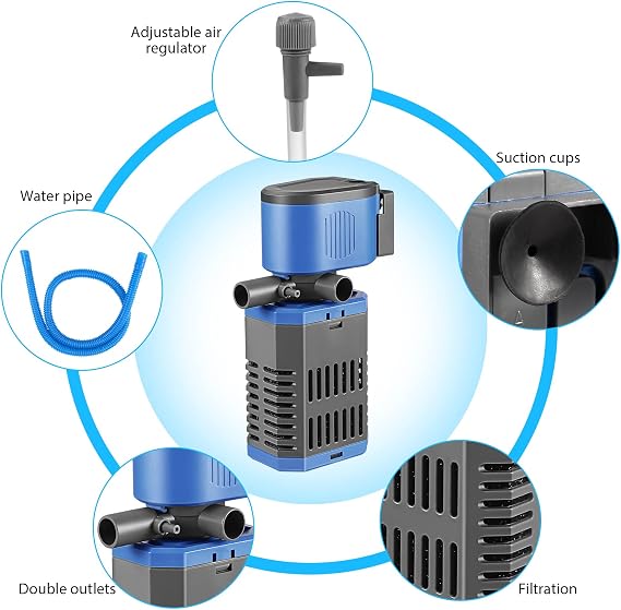 8W Fish Tank Filter, Internal Aquarium filter with 900L/h Flow for Clean Water, Adjustable Air Flow, Air Pump, Silent, Make Waves