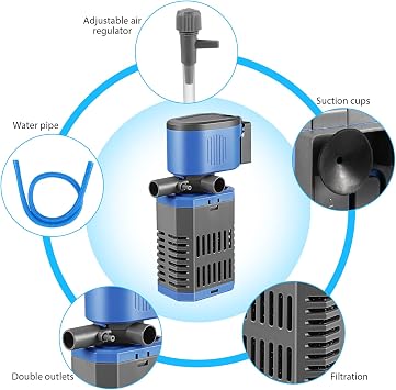 8W Fish Tank Filter, Internal Aquarium filter with 900L/h Flow for Clean Water, Adjustable Air Flow, Air Pump, Silent, Make Waves