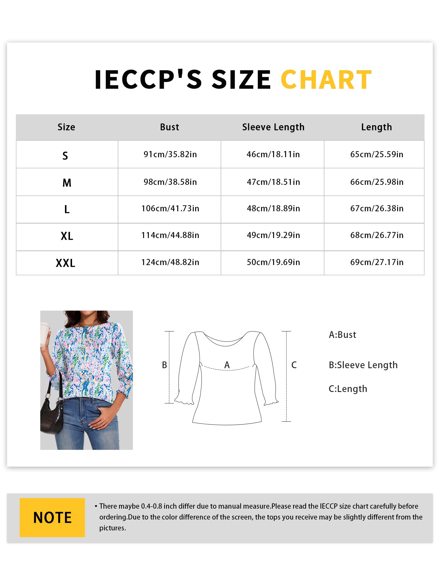 IECCP Haut d'été 2024 à manches 3/4 pour femmes, tendance, col rond, smocké, décontracté, t-shirt habillé
