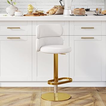 homary Swivel Bar Stool, 21.3"-31.1" Adjustable Height Barstool, Armless Velvet Ktichen Chair with Gold Base, Curved Back Beige Velvet Dining Chair for Kitchen Island, Bar 1-Piece